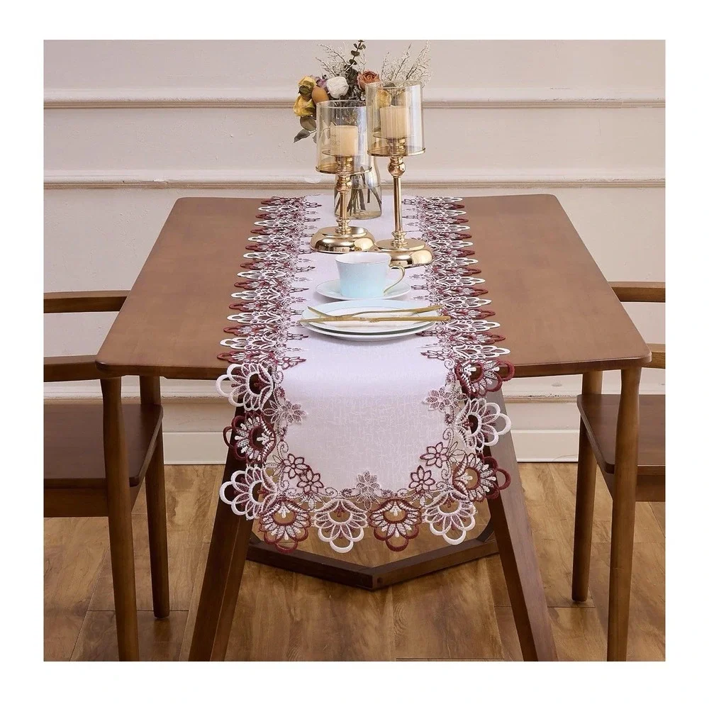 White Dark Red Jacquard Lace Table Runner 72 inches Long, Claret Dresser Scar...